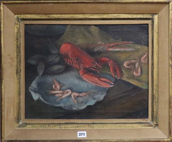Rodney Merrington (b. 1934), still life with lobster, signed and dated 58, oil on canvas 34 x 43.5cm